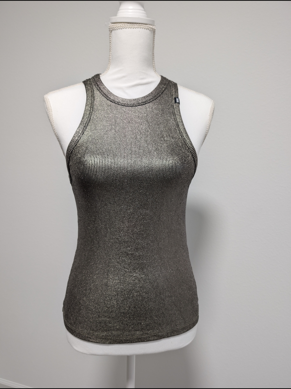 DKNY Metallic Silver Ribbed Tank Top Shimmer High Neck Stretch Knit M